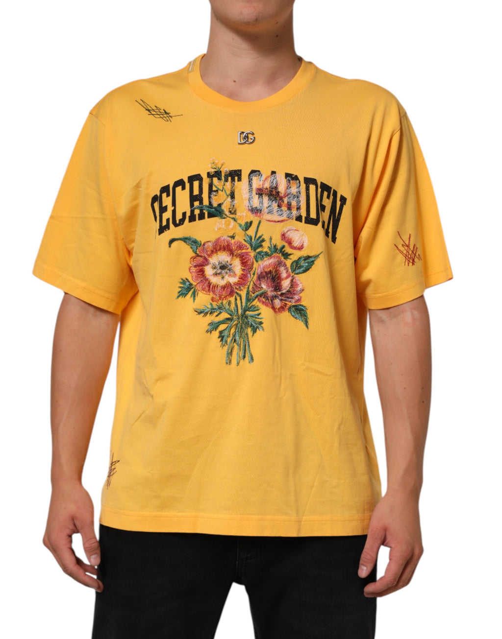 Yellow Secret Garden Blumen Baumwoll Rundhals T-Shirt