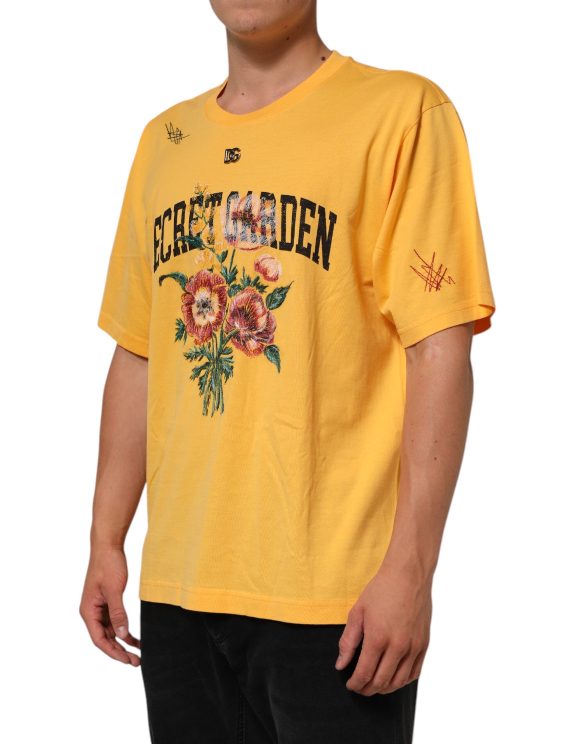 Yellow Secret Garden Blumen Baumwoll Rundhals T-Shirt