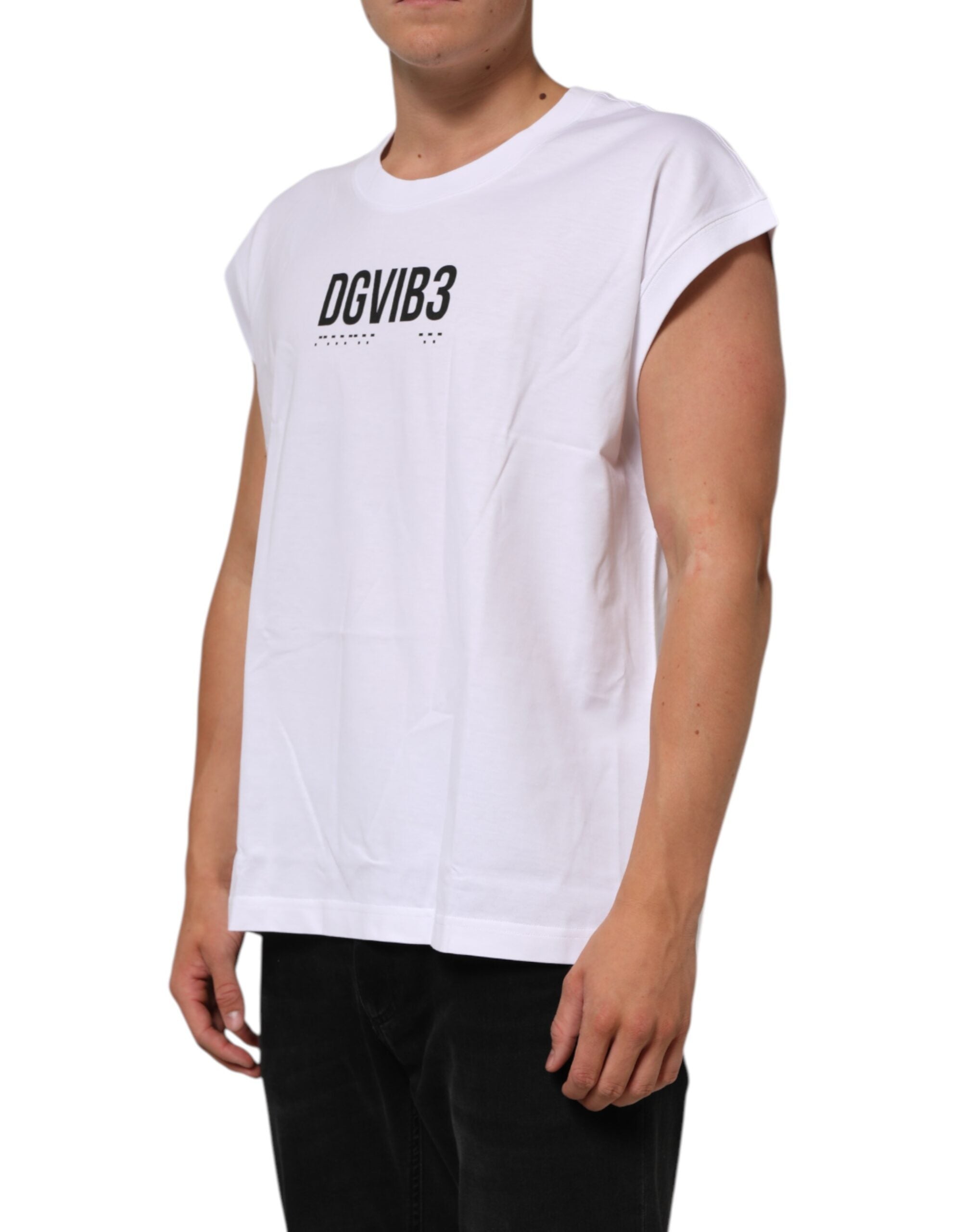 Weißes, ärmelloses Tanktop aus Baumwolle mit Aufdruck