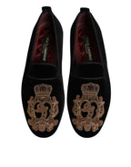 Herren-Loafer-Schuhe Schwarz Samt Gold Krone