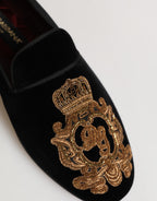 Herren-Loafer-Schuhe Schwarz Samt Gold Krone