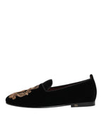 Herren-Loafer-Schuhe Schwarz Samt Gold Krone