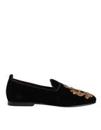 Herren-Loafer-Schuhe Schwarz Samt Gold Krone