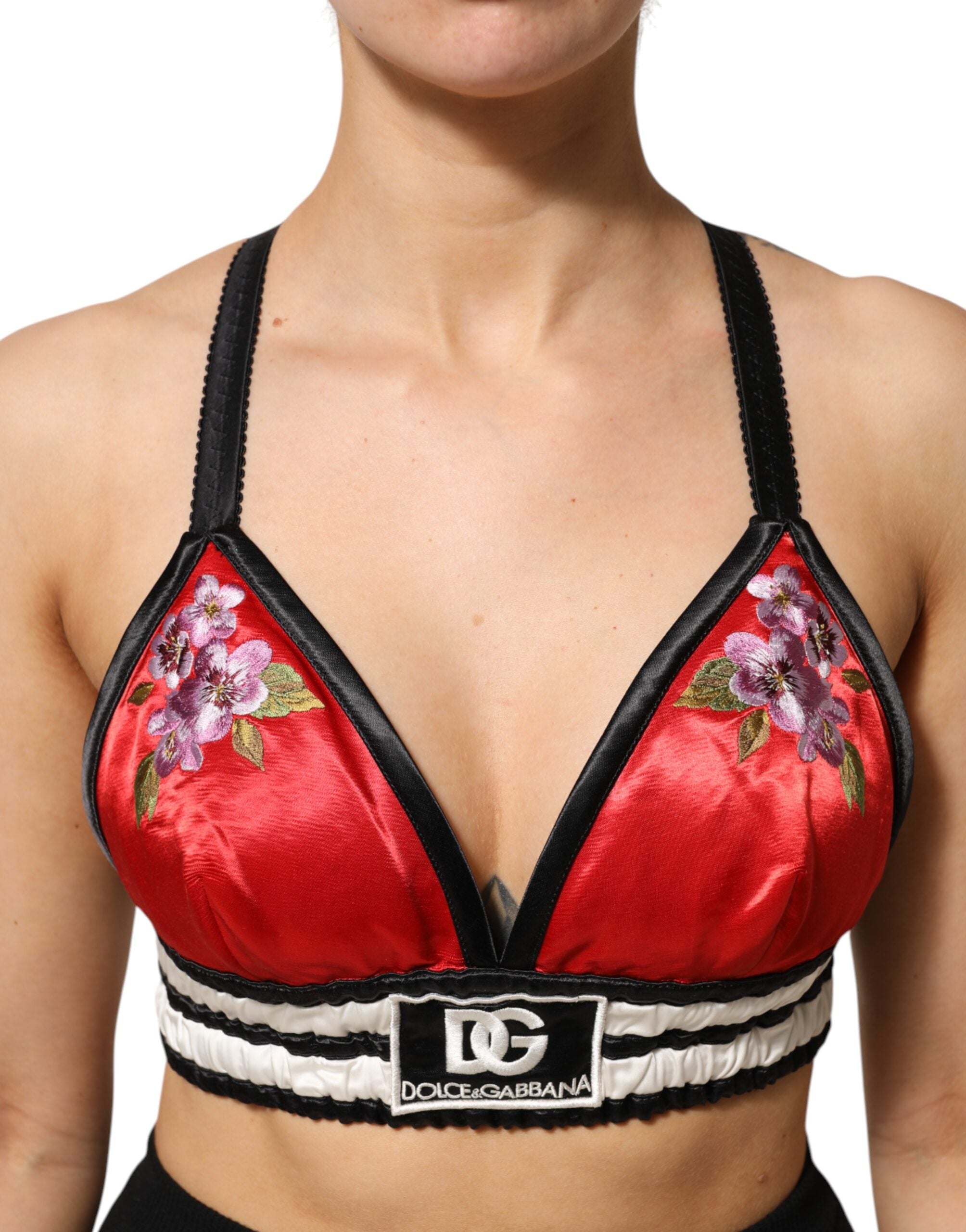 Rotes Satin-Bralette Crop Top mit Blumenstickerei