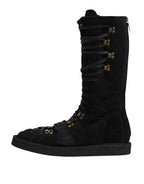 Black Alpaca Wool Suede Mid Calf Boots Shoes