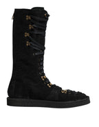 Black Alpaca Wool Suede Mid Calf Boots Shoes