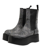 Schwarze Stiefel mit Strasssteinen und mittelhohem Schaft
