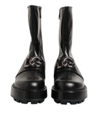Black Logo Plaque Mid Calf Biker Boots Shoes
