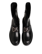 Black Logo Plaque Mid Calf Biker Boots Shoes