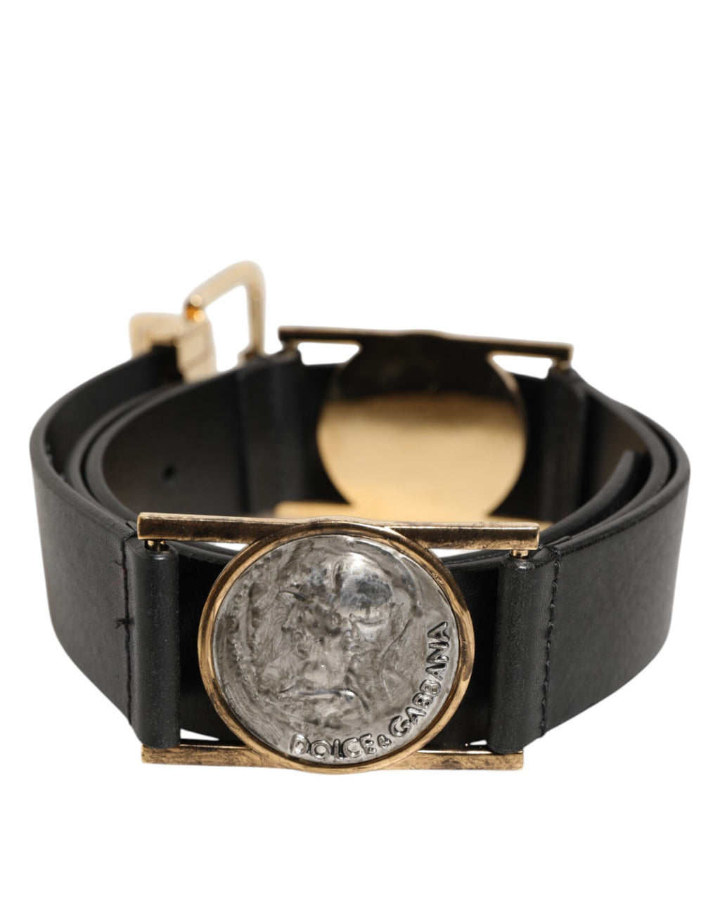 Schwarzer Ledergürtel mit Gold-Silber-Münzenschnalle