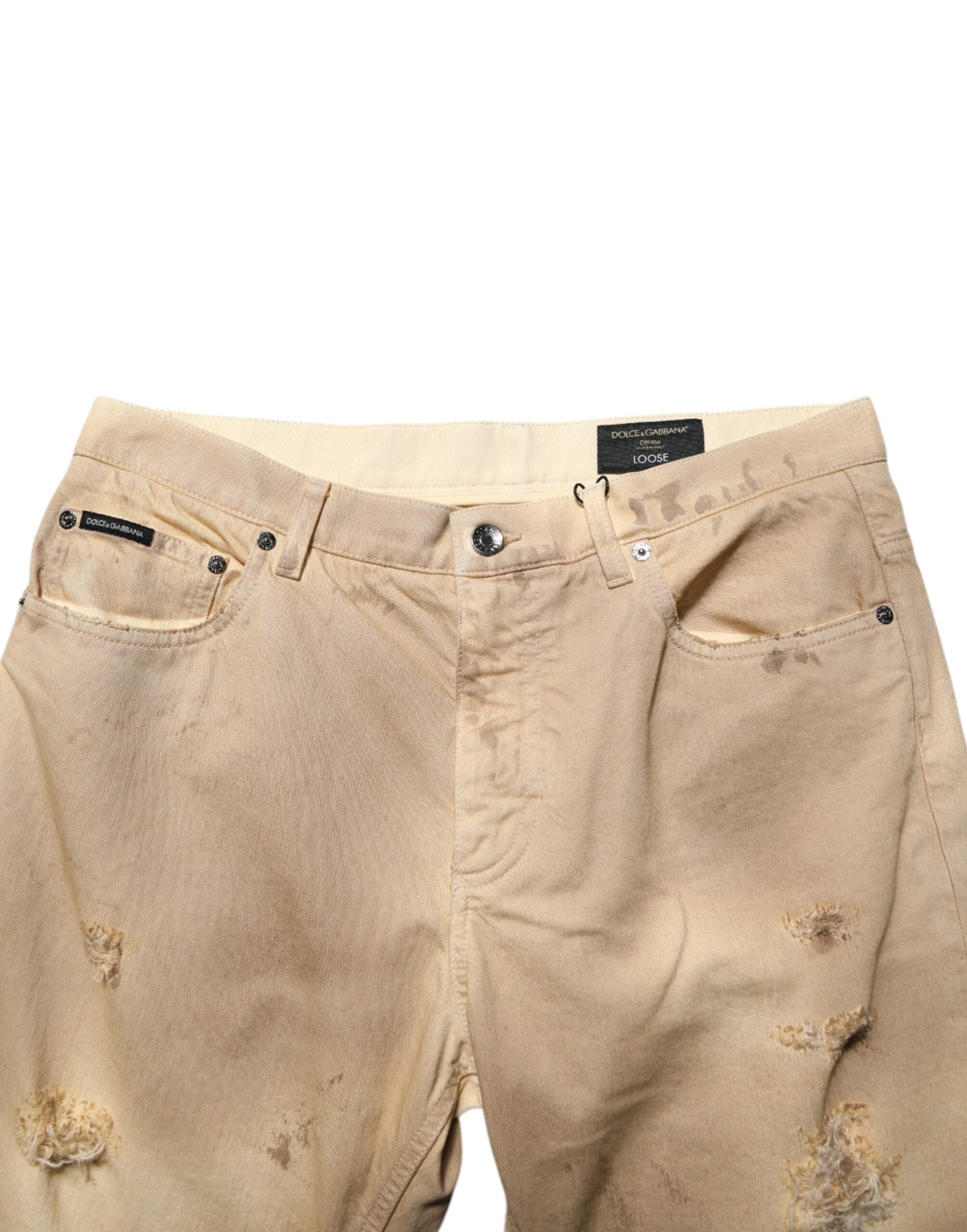 Beige Baumwolle Locker Zerrissen Herren Jeans