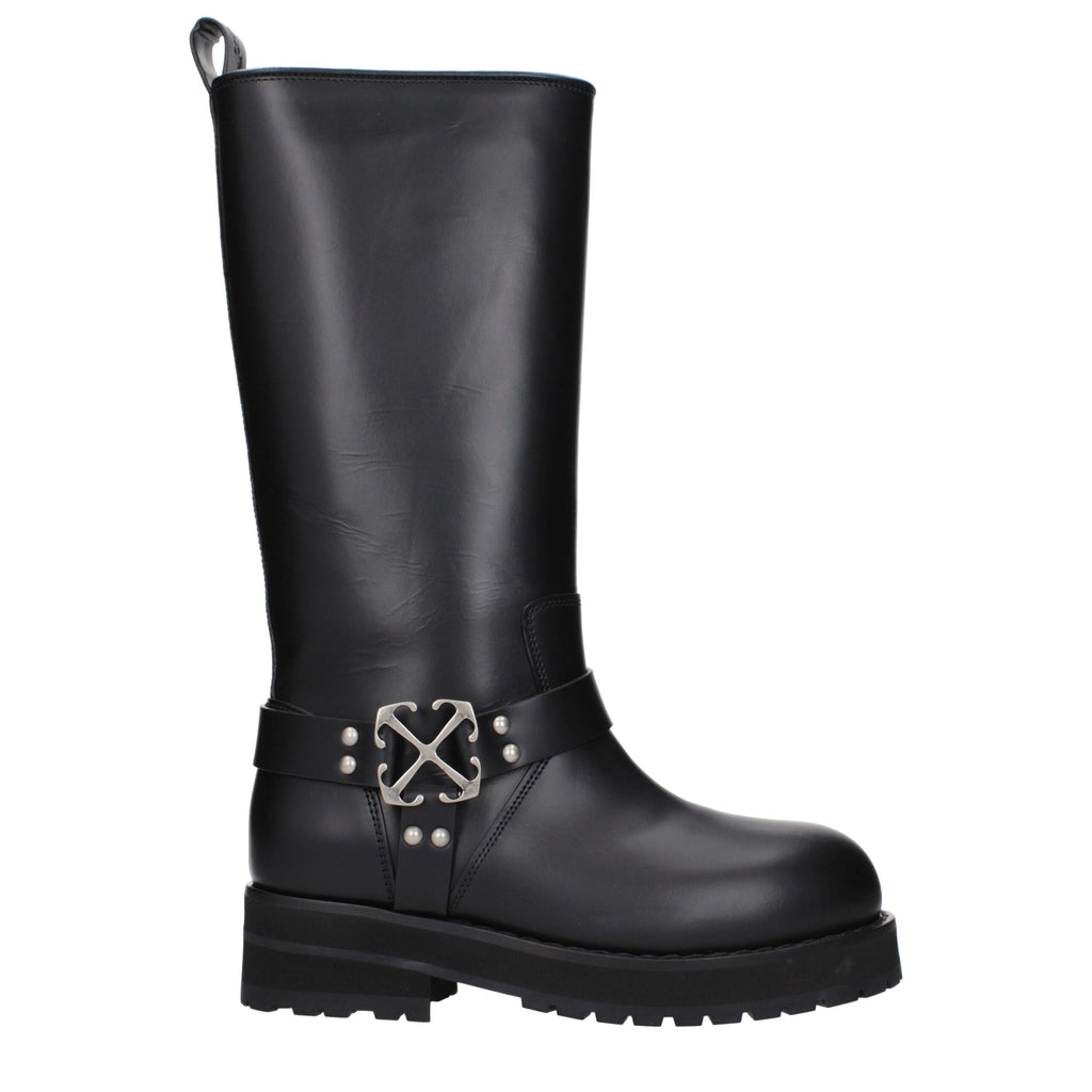 Black Leather Flat Boots