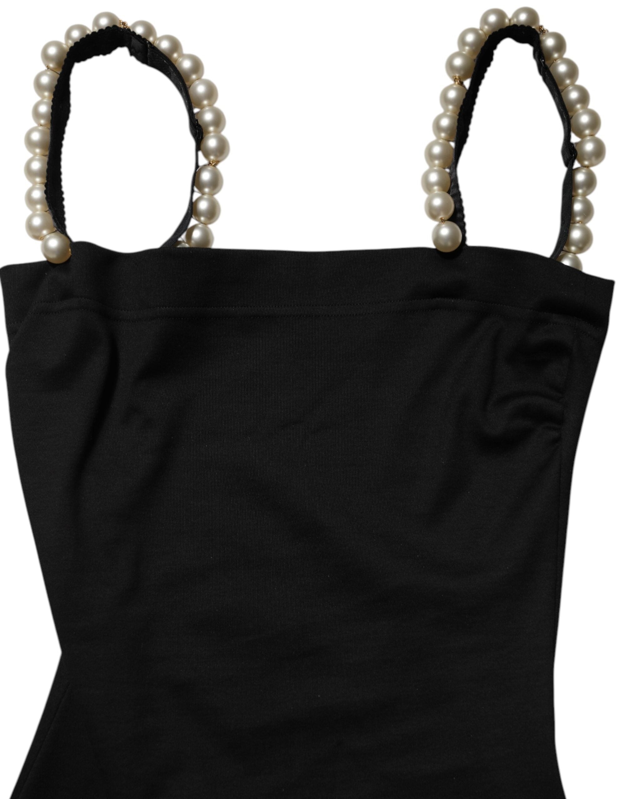 Schwarzes Baumwoll-Minikleid mit Kunstperlenbesatz