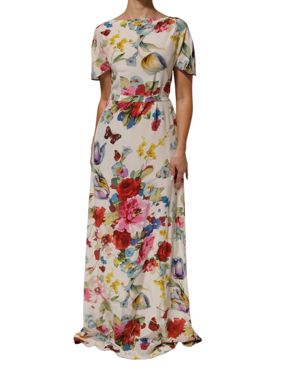 Weißes Seiden-Etui-Abendkleid mit Blumenmuster