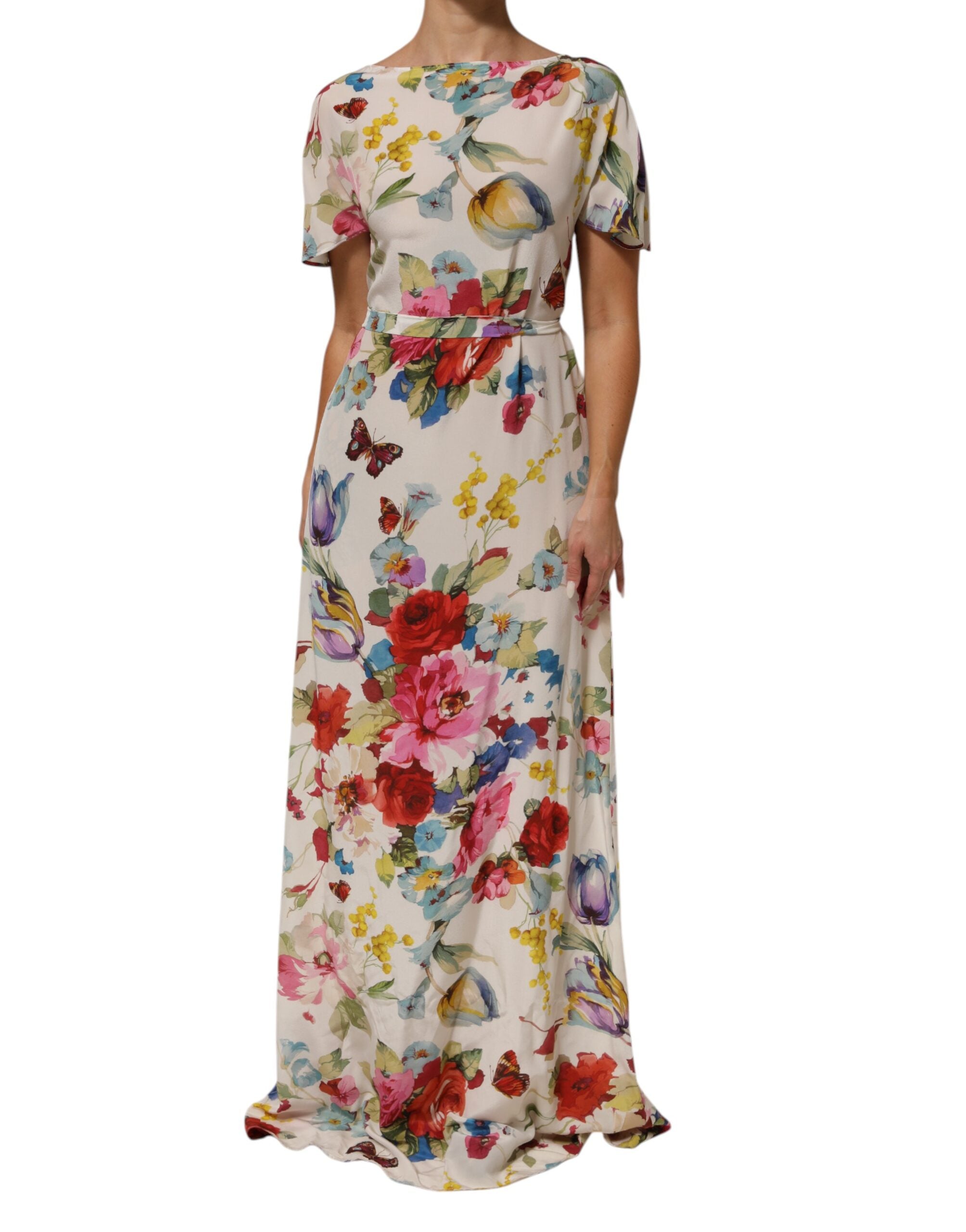 Weißes Seiden-Etui-Abendkleid mit Blumenmuster