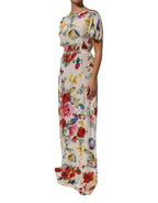 Weißes Seiden-Etui-Abendkleid mit Blumenmuster