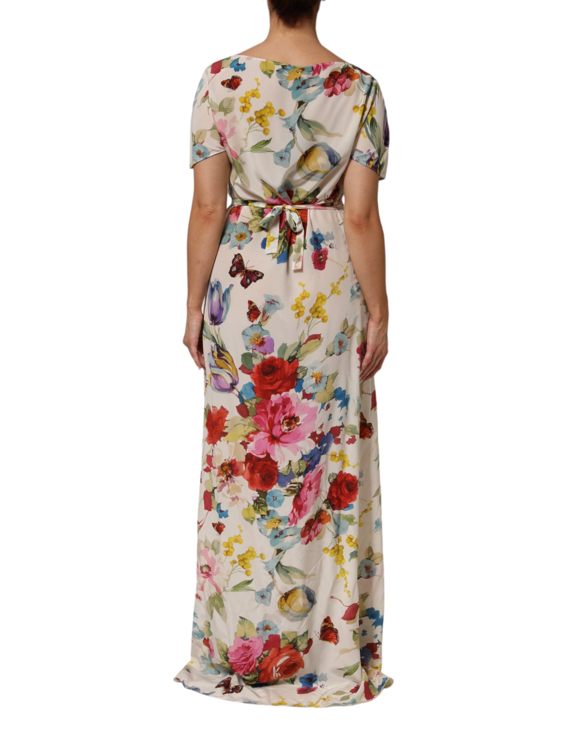Weißes Seiden-Etui-Abendkleid mit Blumenmuster