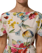 Weißes Seiden-Etui-Abendkleid mit Blumenmuster
