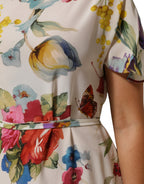 Weißes Seiden-Etui-Abendkleid mit Blumenmuster