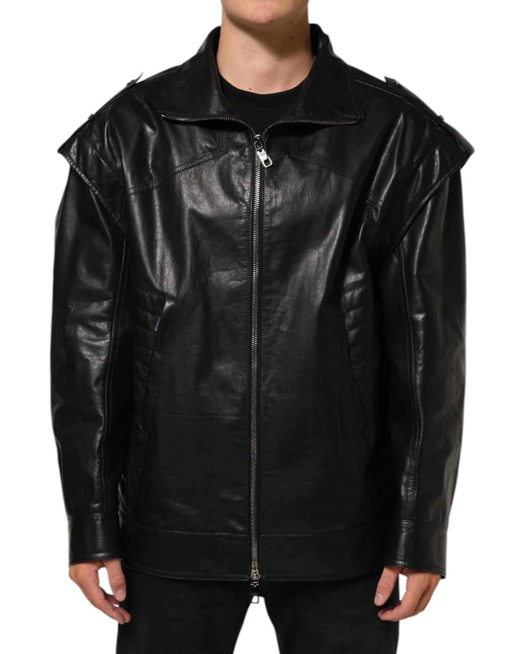 Schwarze Leder-Bikerjacke mit durchgehendem Reißverschluss