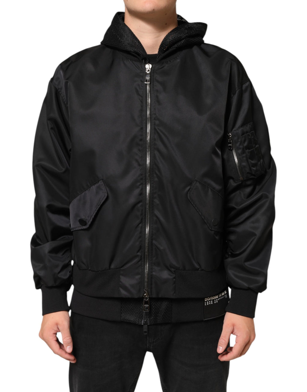 Black Nylon Hooded Full Zip Bomber Men's Jacket