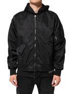 Black Nylon Hooded Full Zip Bomber Men's Jacket