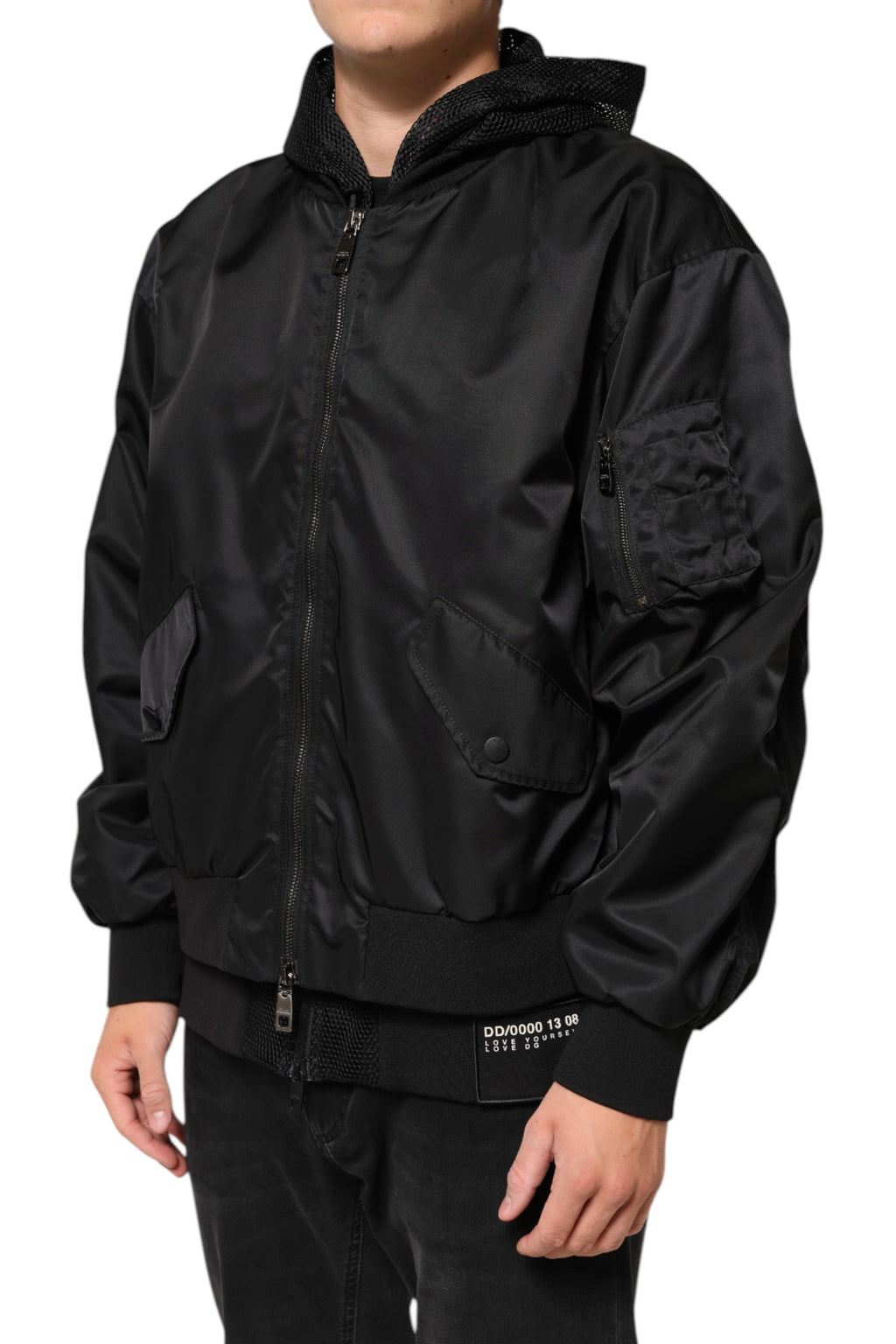 Black Nylon Hooded Full Zip Bomber Men's Jacket