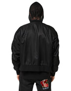 Black Nylon Hooded Full Zip Bomber Men's Jacket