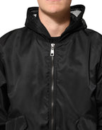 Black Nylon Hooded Full Zip Bomber Men's Jacket