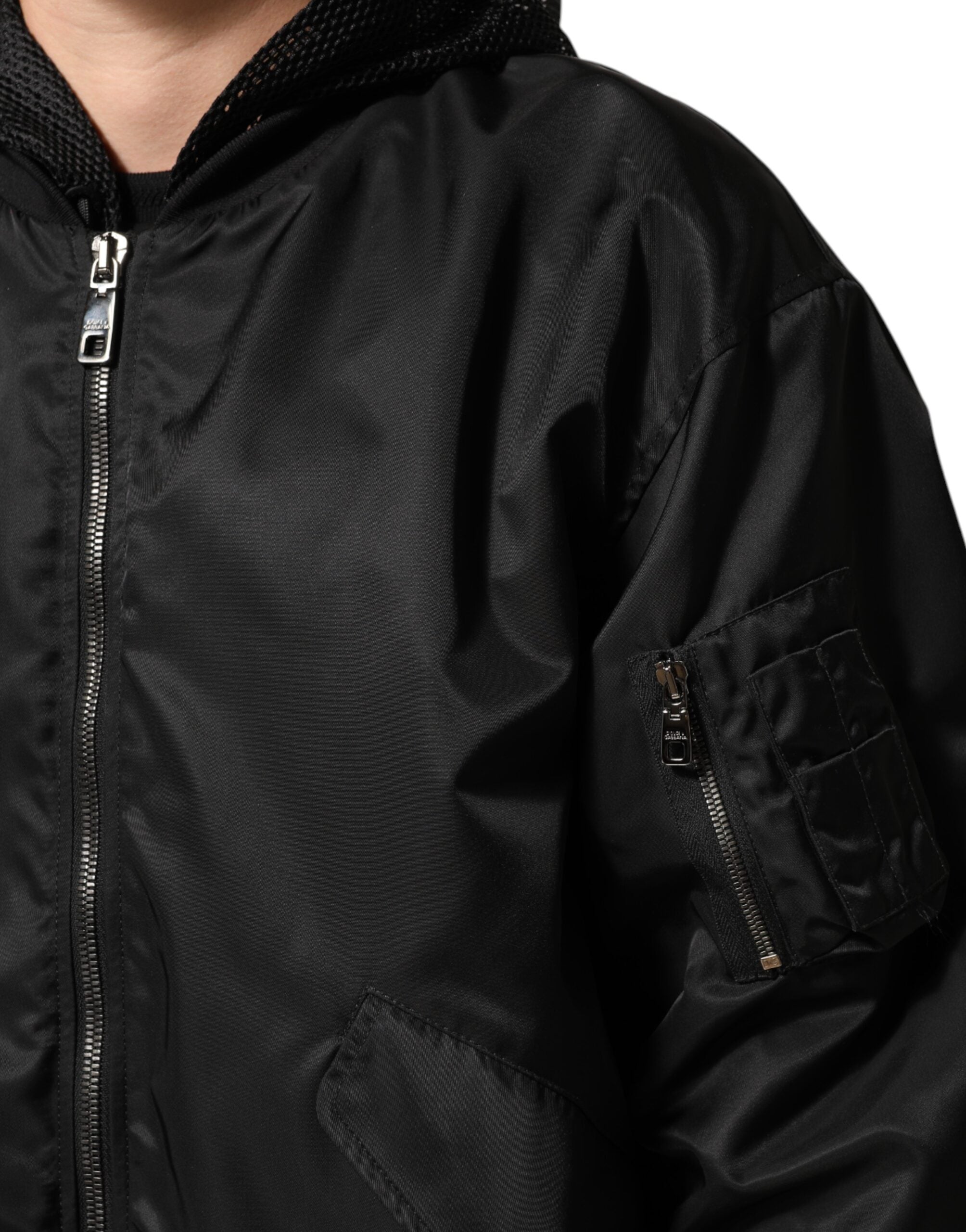 Black Nylon Hooded Full Zip Bomber Men's Jacket