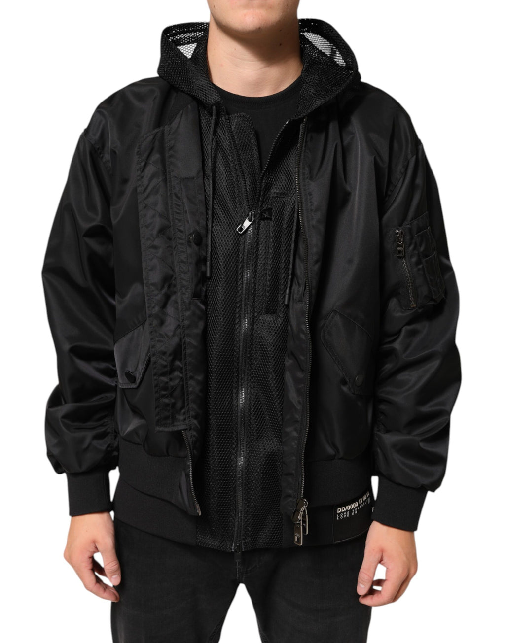 Black Nylon Hooded Full Zip Bomber Men's Jacket