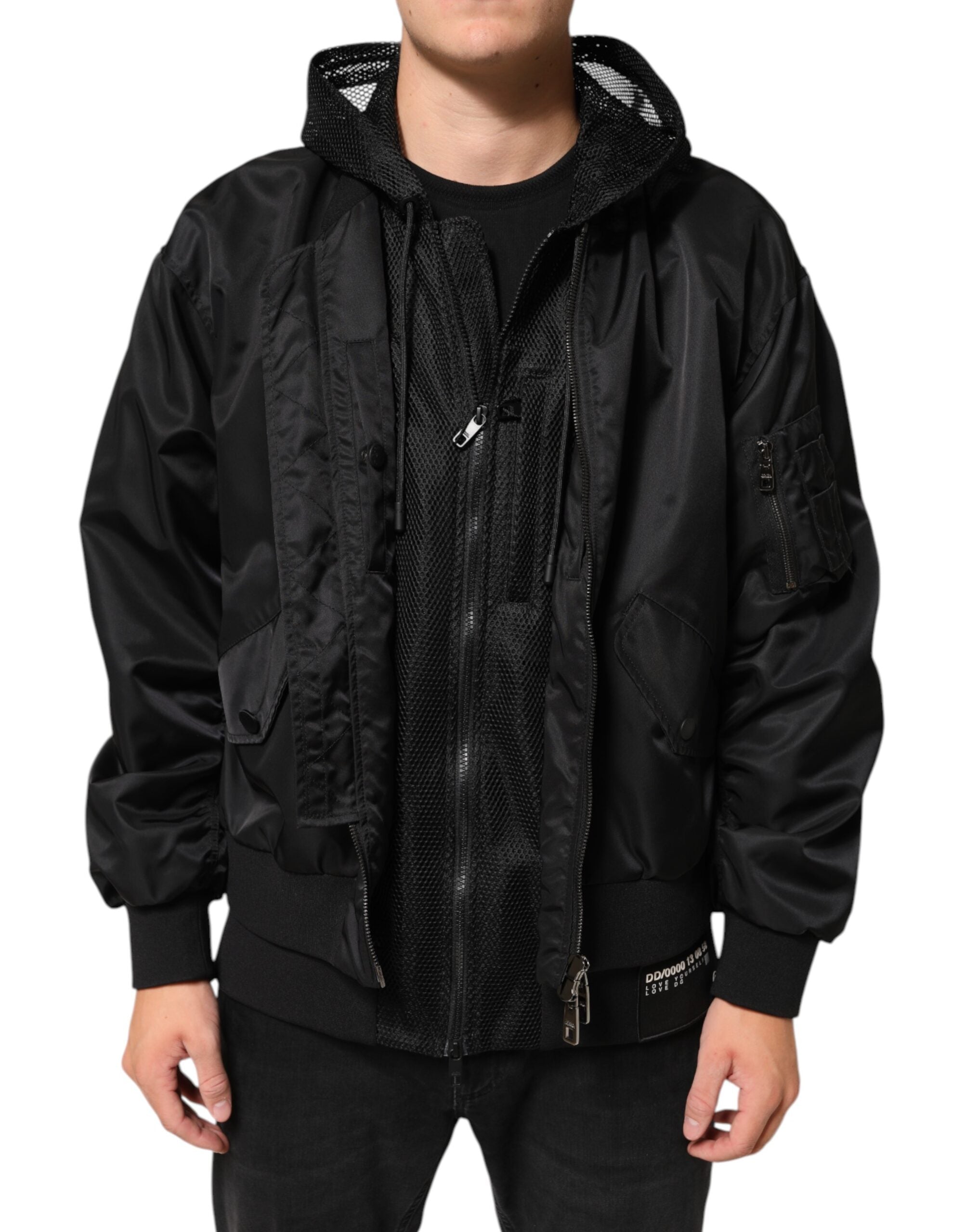 Black Nylon Hooded Full Zip Bomber Men's Jacket