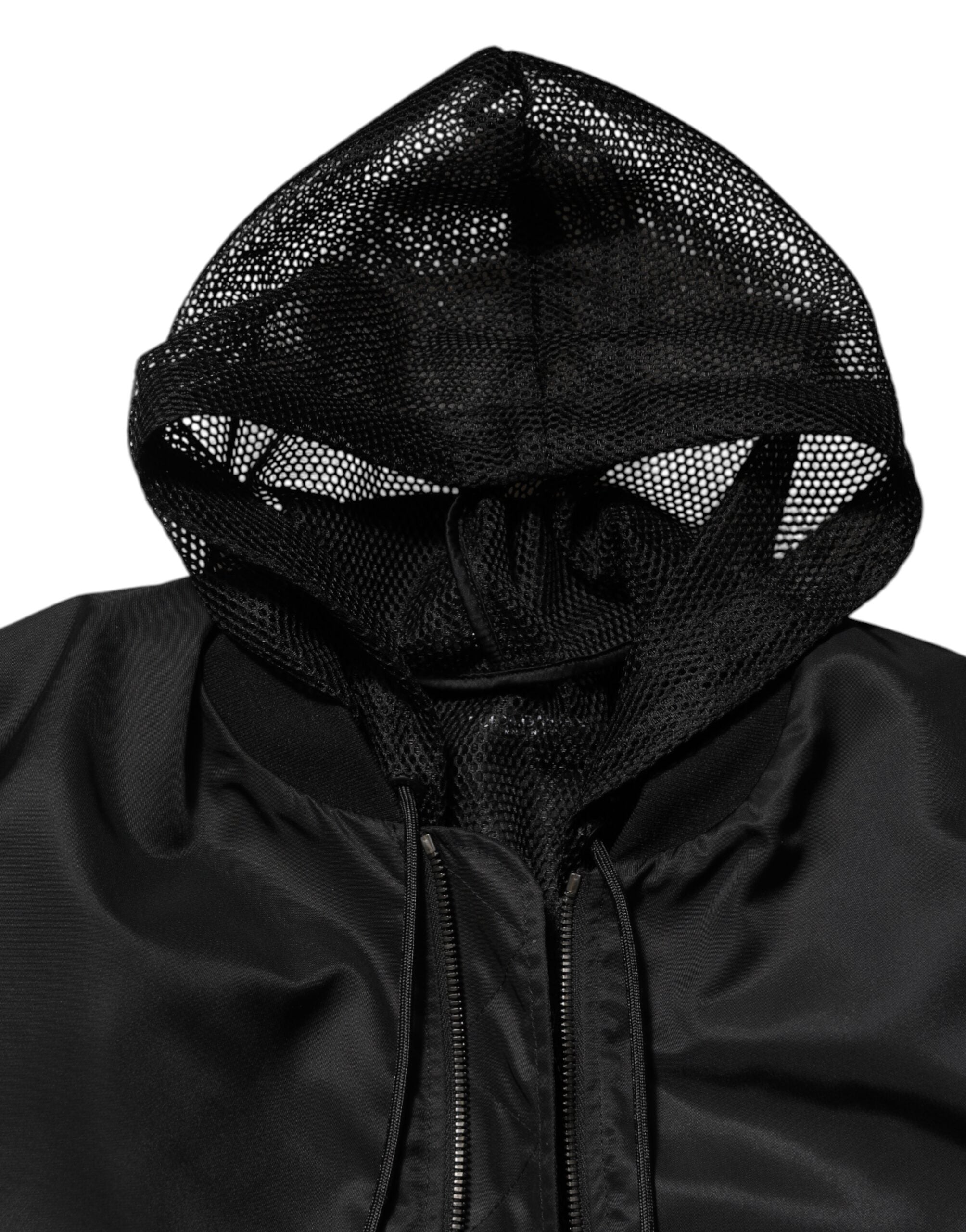 Black Nylon Hooded Full Zip Bomber Men's Jacket