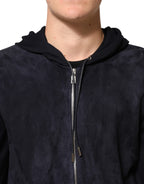 Black Leather Full Zip Hooded Blouson Jacket