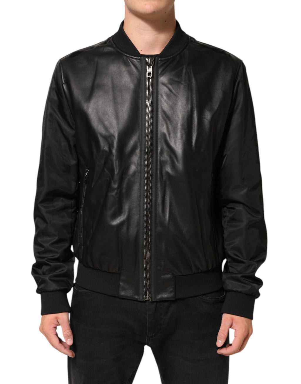Schwarze Blousonjacke aus Leder und Nylon mit Reißverschluss