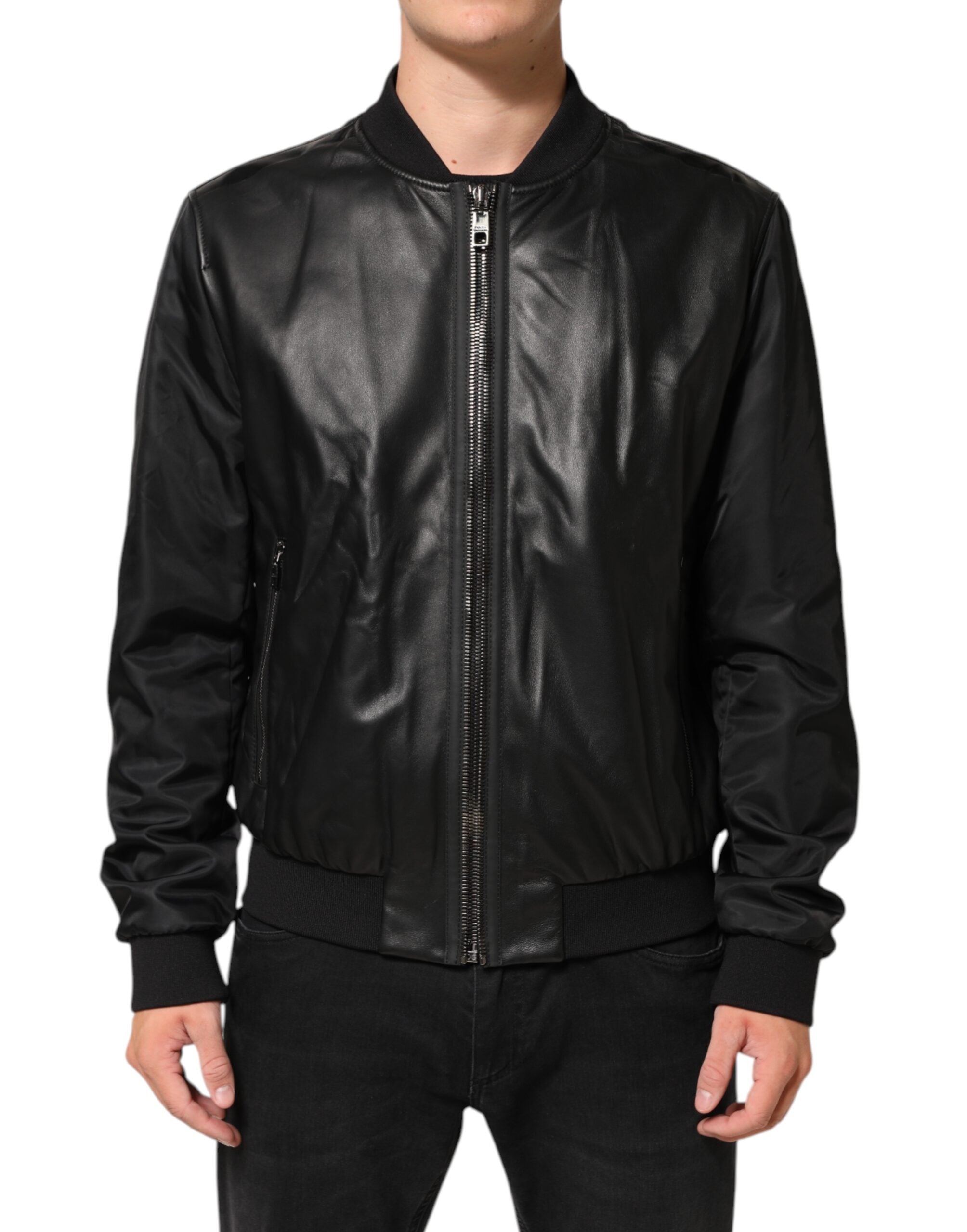 Schwarze Blousonjacke aus Leder und Nylon mit Reißverschluss