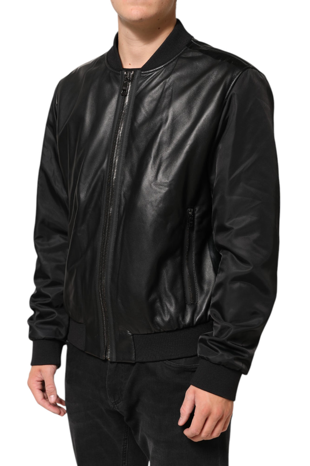 Schwarze Blousonjacke aus Leder und Nylon mit Reißverschluss