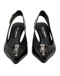 Black Zipper Leather Heels Slingbacks Shoes