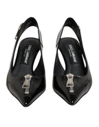 Black Zipper Leather Heels Slingbacks Shoes