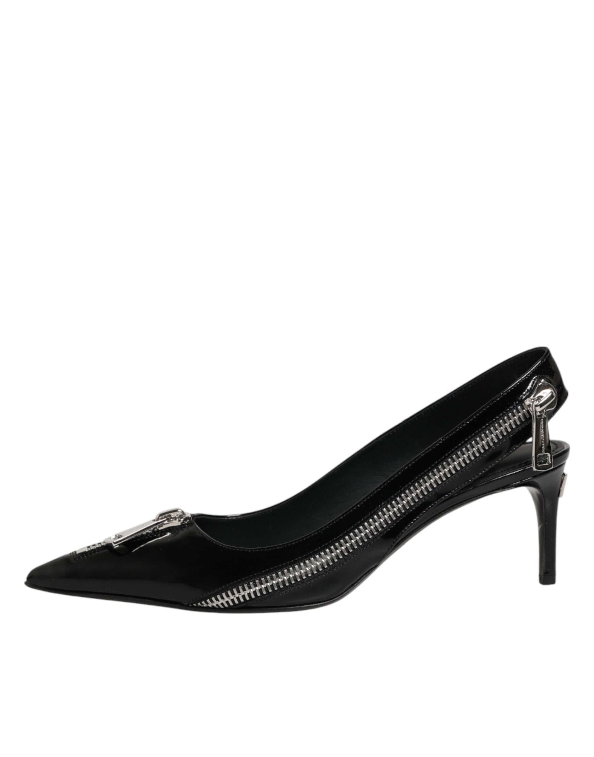 Black Zipper Leather Heels Slingbacks Shoes