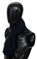 Dunkelblauer Unisex-Schal aus Wolle mit Fransen und Logo