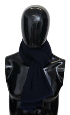 Dunkelblauer Unisex-Schal aus Wolle mit Fransen und Logo