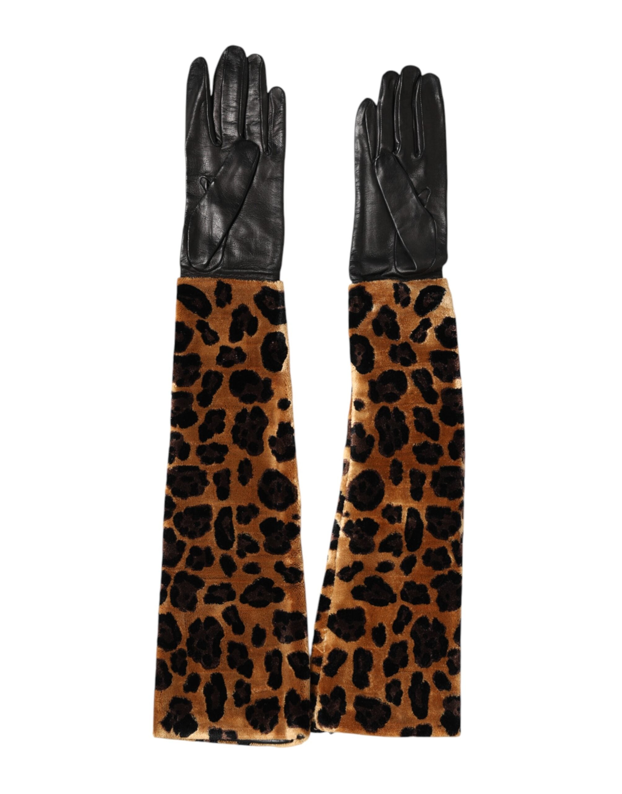 Braune schwarze Leopardenleder Ellbogenlange Fausthandschuhe