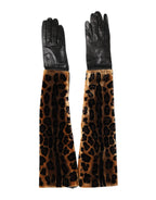 Braune schwarze Leopardenleder Ellbogenlange Fausthandschuhe