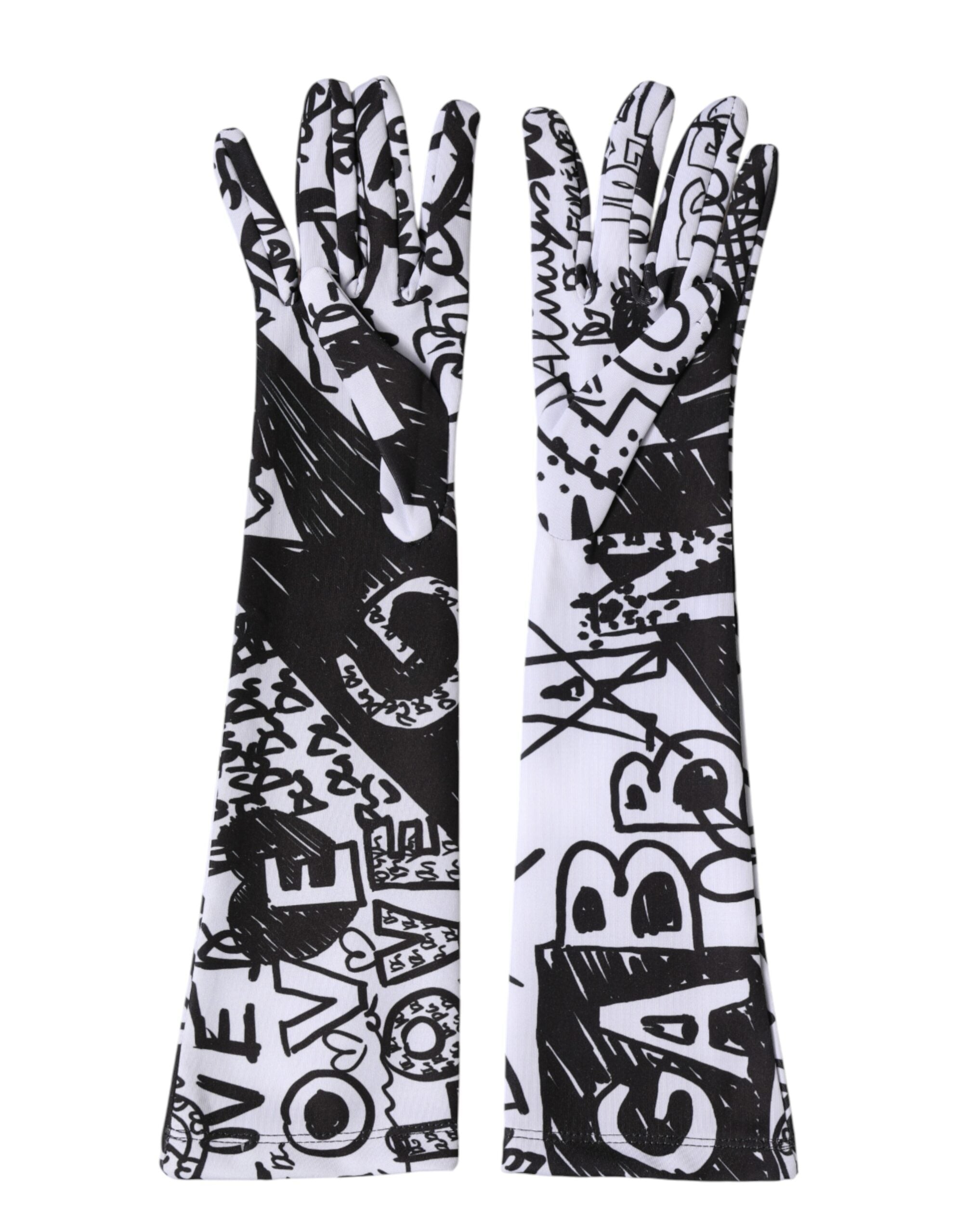Handschuhe Schwarz Weiß DG Logo Ellenbogenlänge Fäustling