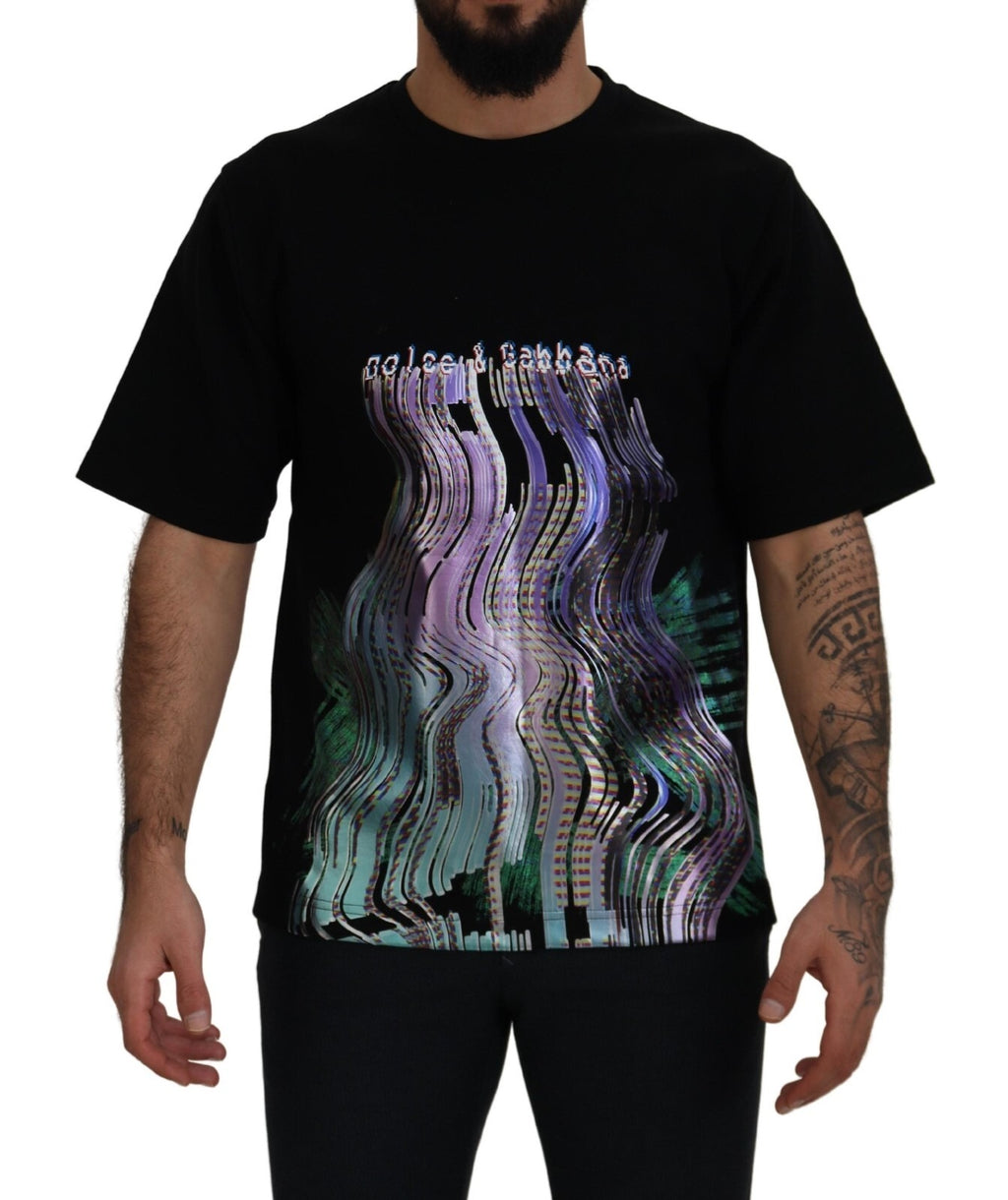 Baumwolle Schwarzes bedrucktes Rundhals-T-Shirt