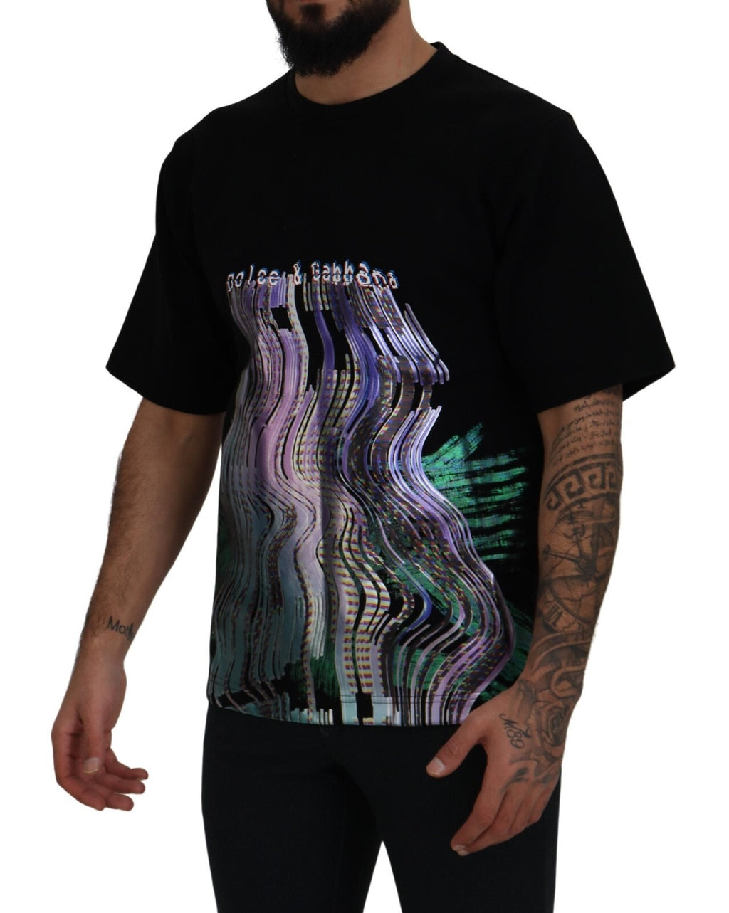 Baumwolle Schwarzes bedrucktes Rundhals-T-Shirt