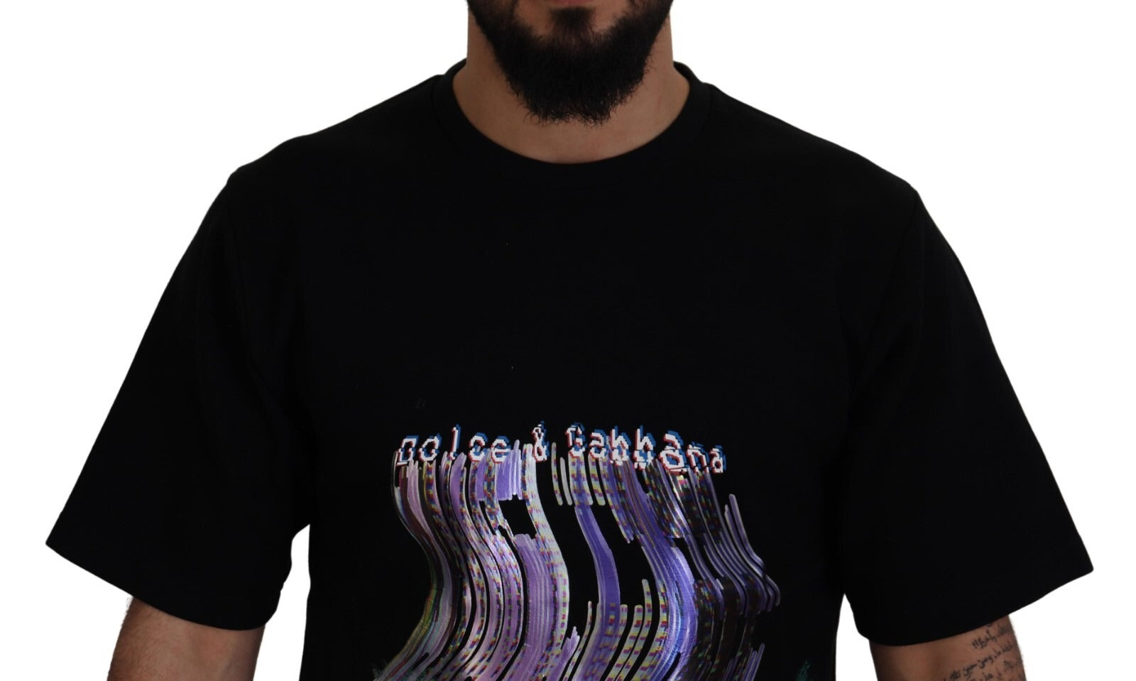 Baumwolle Schwarzes bedrucktes Rundhals-T-Shirt