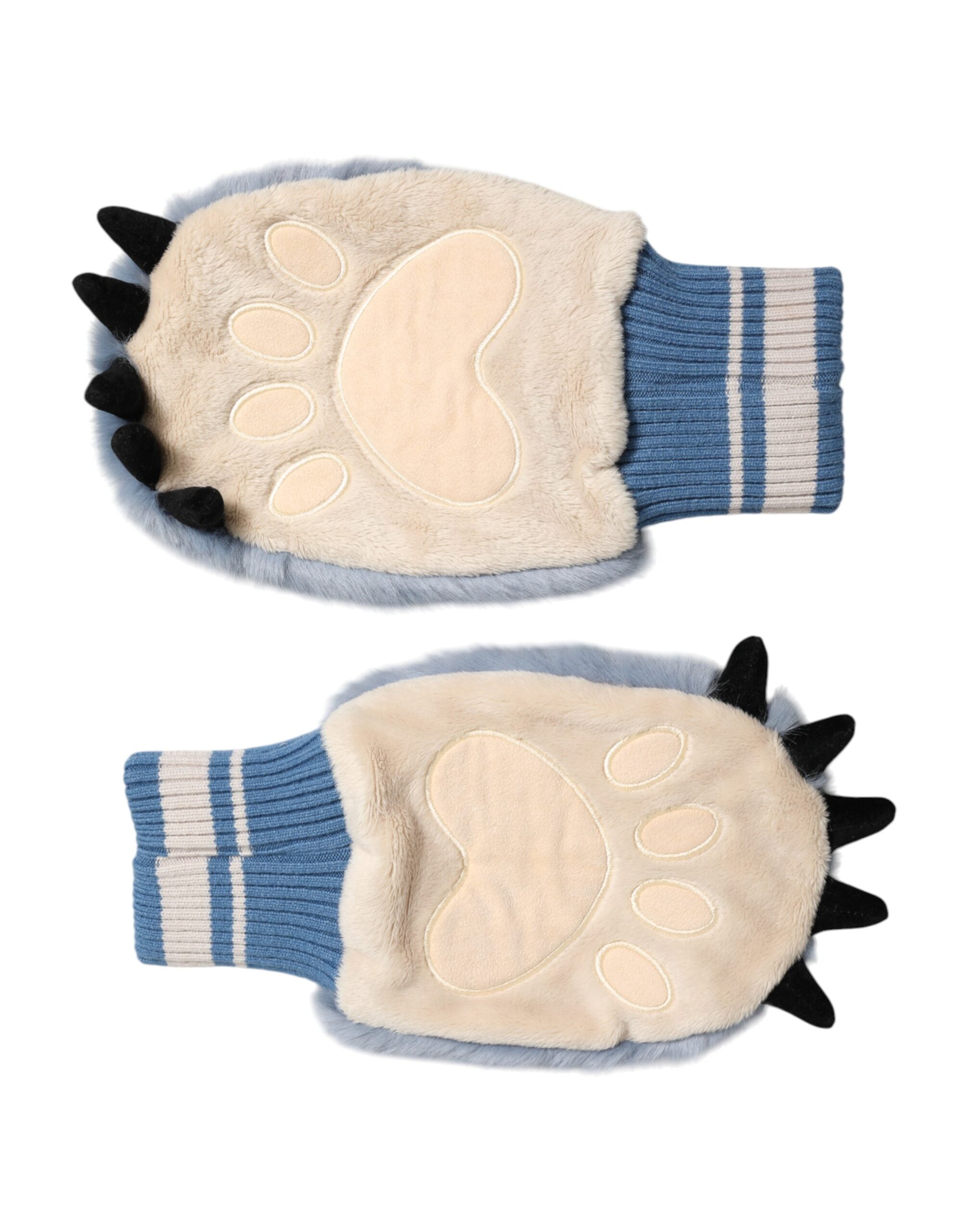 Blaue Strickhandschuhe aus Acryl mit Kunstfell
