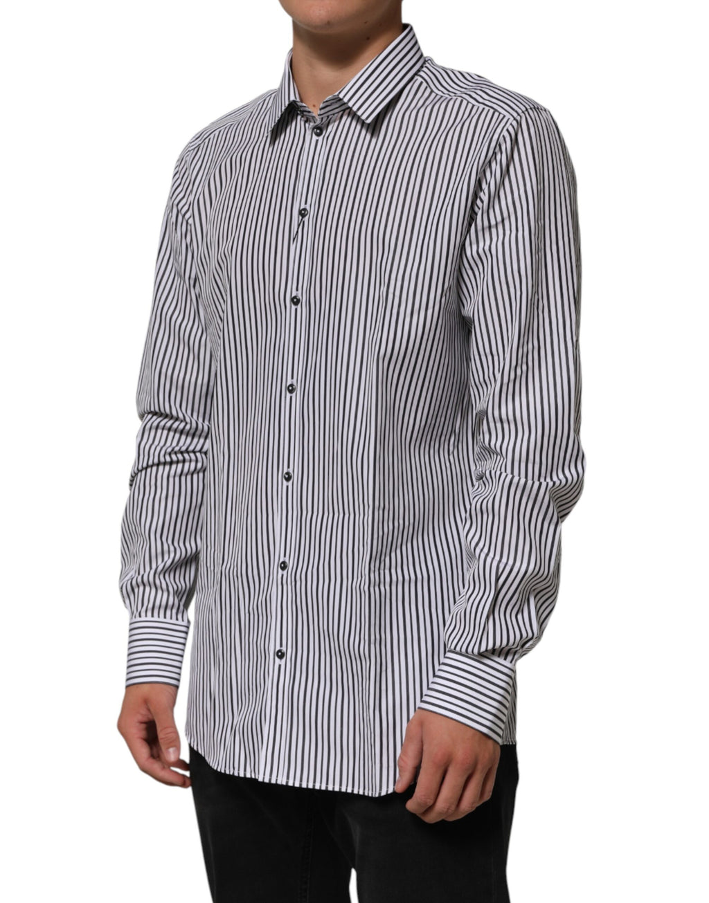 Camicia elegante da uomo a righe bianche e nere con dettagli dorati